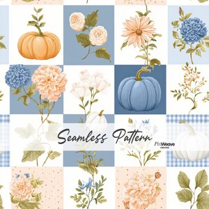 May include: A seamless pattern featuring a grid of alternating light blue and white squares decorated with illustrations of orange and blue pumpkins, peach-colored peonies, white flowers, and green foliage. The text Seamless Pattern PixWeave is visible.