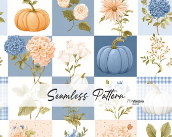 Blue Gingham Pumpkin Patchwork Seamless Pattern, Cottagecore Farmhouse Quilt Fabric, Vintage Autumn Digital Paper