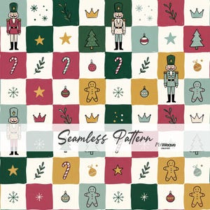 May include: A seamless pattern featuring a grid of squares in red, green, yellow, and cream. The squares contain illustrations of nutcrackers, gingerbread men, stars, snowflakes, crowns, candy canes, ornaments, and sprigs. Text reads Seamless Pattern PixWeave Creative.