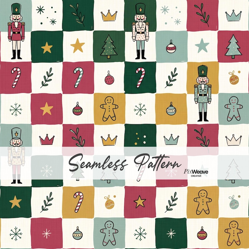 Christmas patchwork seamless pattern with nutcracker soldiers, Christmas trees, gingerbread, candy canes and ornaments