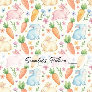 Könnte beinhalten: Nahtloses Aquarellmuster mit Hasen, Karotten und Blumen in Pastellfarben. Das Design umfasst rosa, blaue und gelbe Hasen, orange Karotten mit grünen Spitzen und kleine Blumen. Der Text "Seamless Pattern" wird angezeigt.