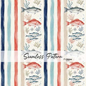 May include: Seamless pattern featuring marine life and vertical stripes. The design includes illustrations of fish, coral, and seaweed, set against a backdrop of blue, red, and beige stripes. The words "Seamless Pattern" are displayed.