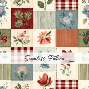 May include: A seamless pattern featuring a grid of rectangular blocks with various designs including floral illustrations, red and white checkered squares, and muted green striped textures. The overall colour palette consists of red, blue, green, and cream.