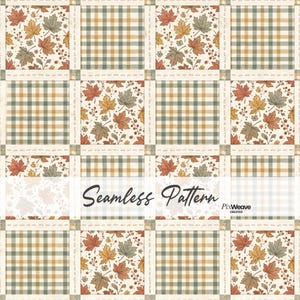 May include: A seamless pattern featuring a grid of alternating squares. One set of squares displays a cream background with orange, yellow, and green autumn leaves and berries. The other set features a green, yellow, and white plaid design.