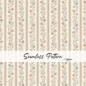 May include: A seamless pattern featuring vertical stripes alternating with delicate botanical vines. The vines display sage green leaves and rust-coloured berries on a cream background. The text Seamless Pattern PixWeave Creative is visible.