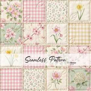Puede incluir: Un diseño de tela acolchada con un patrón repetitivo de cuadrados florales, cuadros de vichy rosas y pequeñas estampas florales en colores pastel. El texto "Seamless Pattern" se muestra en el centro.