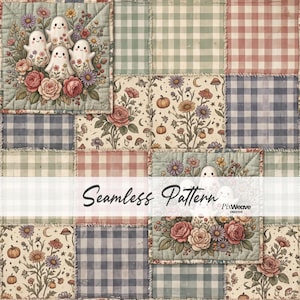 Peut inclure: Un motif sans couture présentant un design de courtepointe en patchwork avec des carrés alternés de vichy bleu, vert et rose, ainsi que des carrés floraux avec des fantômes et des citrouilles. Le texte Seamless Pattern PixWeave Creative est centré.