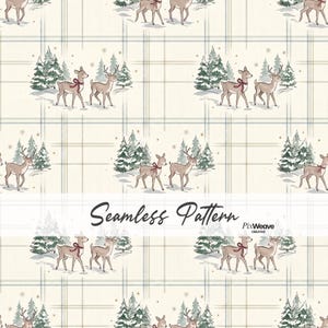 Könnte beinhalten: Ein nahtloses Muster mit einer wiederkehrenden Illustration von Hirschen in einem verschneiten Wald mit immergrünen Bäumen auf cremefarbenem Hintergrund mit einem hellgrauen und beigen Karomuster. Der Text Seamless Pattern und PixWeave Creative ist zu sehen.