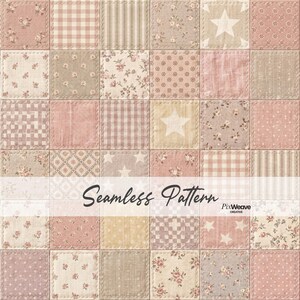 May include: A seamless patchwork pattern with squares of floral, gingham, striped, and star-patterned fabrics in soft pink, beige, and cream. The text "Seamless Pattern" is displayed across the centre of the image.