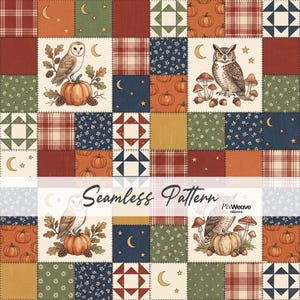 Peut inclure: Un motif de tissu patchwork composé d'une grille répétitive de carrés illustrant des hiboux, des citrouilles, des champignons, des glands, des feuilles de chêne, des étoiles et des croissants de lune, alternés avec des motifs écossais, floraux et géométriques.