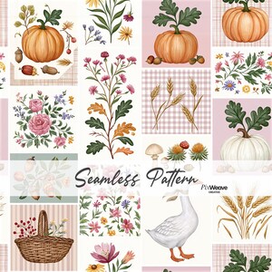 May include: A seamless pattern featuring illustrations of orange and white pumpkins, acorns, wheat stalks, pink roses, wildflowers, mushrooms, and a white goose. A woven basket filled with berries and flowers is included, with the text Seamless Pattern.