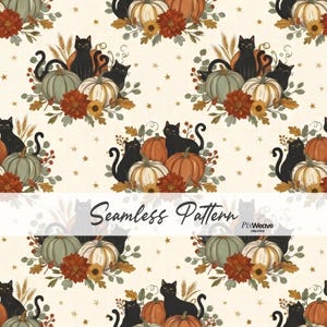 Black Cat Pumpkin Seamless Pattern, Cottagecore Halloween Fabric, Vintage Fall Floral Digital Paper