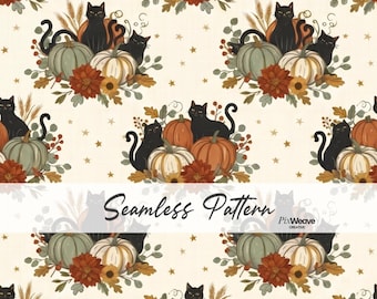 Black Cat Pumpkin Seamless Pattern, Cottagecore Halloween Fabric, Vintage Fall Floral Digital Paper