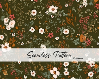 Patrón sin costuras de flores silvestres estilo cottagecore oscuro, tela botánica melancólica, papel digital floral de bosque, estampado de pradera vintage