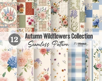 Herbst Wildblumen Muster Bundle 12 Pack, Cottagecore Blumen Quilt Stoff, Vintage Botanische Digitales Papier Set