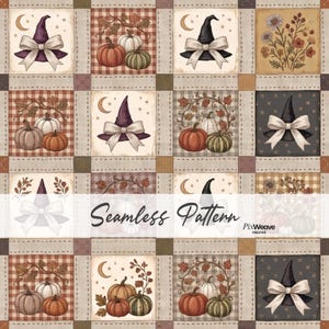 May include: A fabric pattern featuring a grid of squares with illustrations of witch hats with bows, pumpkins, autumn leaves, and flowers in shades of orange, brown, purple, and cream. The text Seamless Pattern and PixWeave Creative is visible.