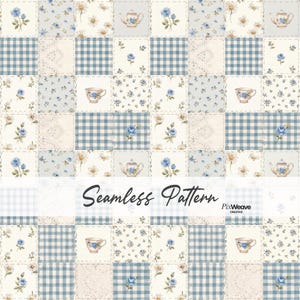 May include: A seamless pattern featuring a grid of squares with blue and white designs including tea pots, tea cups, daisies, blue roses, gingham checks, and lace textures. The text Seamless Pattern and PixWeave Creative is centered.