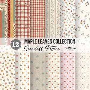 Autumn Maple Leaves Seamless Pattern Bundle, Fall Botanical Fabric, Vintage Cottagecore Digital Paper, Rustic Thanksgiving Textile
