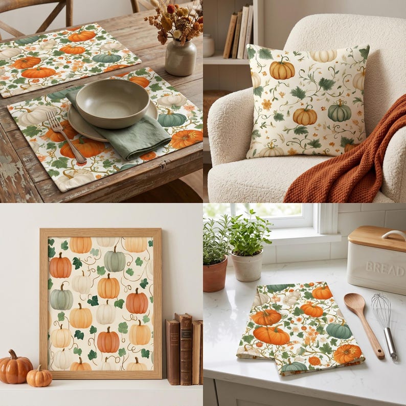 Vintage pumpkin seamless patterns with sage green and cream color palette