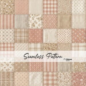 Può includere: Un design patchwork con quadrati di vari motivi e trame nei toni del beige, rosa e crema. I quadrati presentano stampe floreali, righe e quadri, con cuciture visibili. Il testo "Seamless Pattern" è visualizzato.