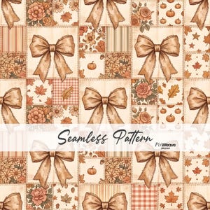 Vintage Fall Bow Patchwork Seamless Pattern, Autumn Pumpkin Floral Quilt Fabric, Cottagecore Digital Paper