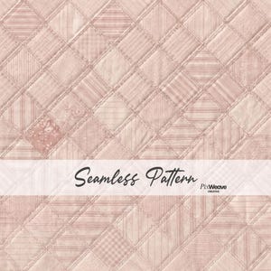 May include: A seamless pattern in shades of pink and cream, featuring a quilted design with various fabric textures. The pattern includes stripes, floral prints, and checks. The words "Seamless Pattern" are displayed across the image.