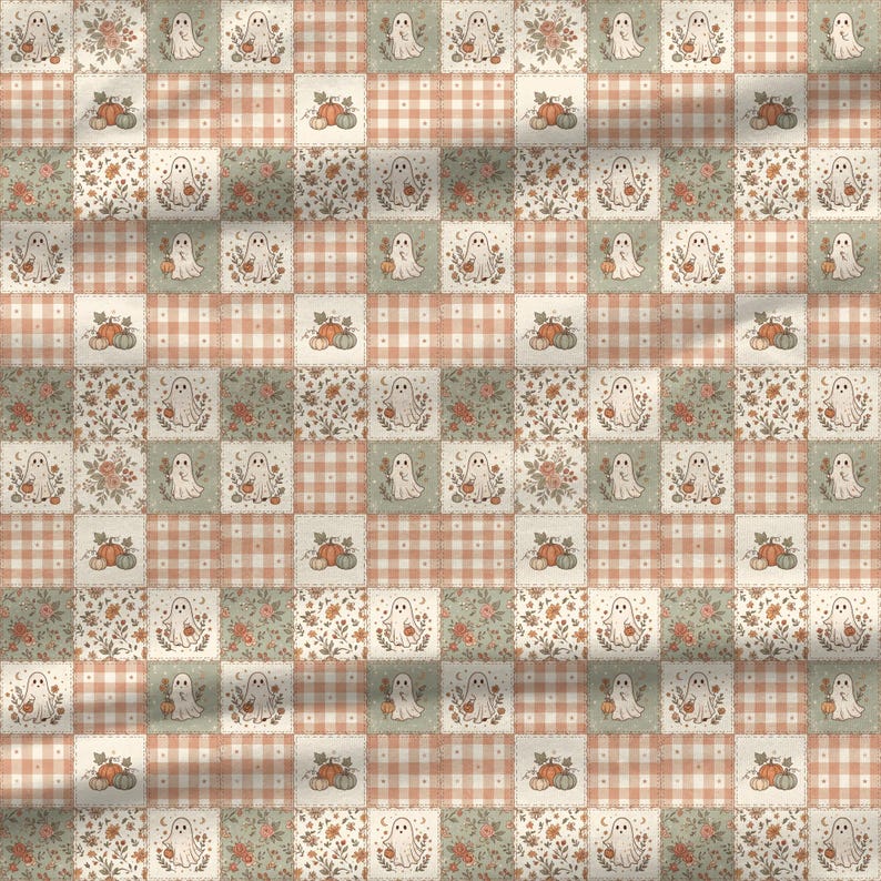 Pastel Halloween fabric featuring adorable ghosts floral quilt blocks and pink plaid