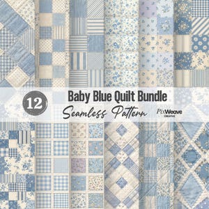 Baby Blau Quilt Nahtlose Muster Bundle 12 Pack, Vintage Patchwork Blumenstoff, Kindergarten Cottagecore Digitales Papier-Set