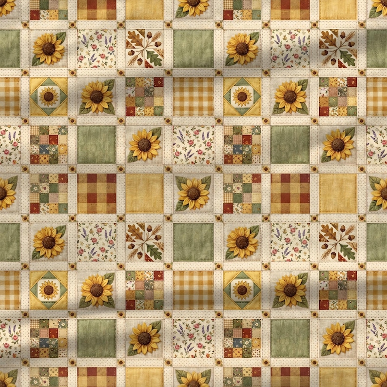 Sunflower Quilt Patchwork Seamless Pattern, Primitive Farmhouse Fabric ...