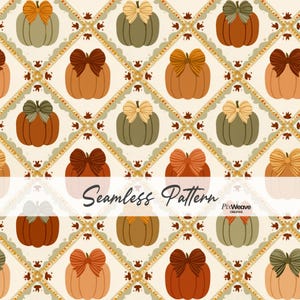 May include: A seamless pattern featuring a repeating diamond grid design with pumpkins in shades of orange, green, and brown, each topped with a decorative bow. The text Seamless Pattern and PixWeave Creative is centred across the image.