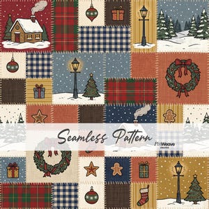 May include: A patchwork-style seamless pattern featuring Christmas-themed illustrations including snow-covered cabins, pine trees, street lamps, wreaths, gift boxes, gingerbread men, stockings, and ornaments in red, green, blue, and brown tones.