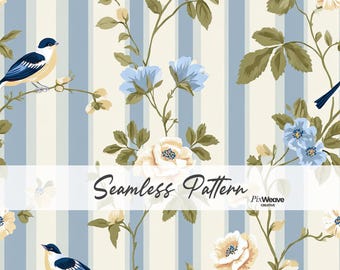 Patrón sin costuras de rayas de rosas y pájaros azules, tela floral de estilo campestre francés, papel pintado digital estilo cottagecore.