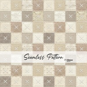 May include: A seamless pattern featuring a patchwork design with squares in shades of beige, tan, and brown. Each square has a stitched 'X' detail in white. The text "Seamless Pattern" is displayed across the image.