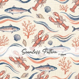 May include: Seamless pattern featuring watercolor illustrations of mackerel, lobsters, seashells, and coral on a cream background. Blue and orange wave-like designs add to the nautical theme. The text "Seamless Pattern" is also present.