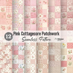 May include: A collection of 12 pink cottagecore patchwork seamless patterns. The patterns feature floral, gingham, and polka dot designs in shades of pink and white. The text "Pink Cottagecore Patchwork Seamless Pattern" is displayed.