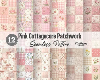 Paquete de patrones sin costuras de patchwork cottagecore rosa, papel digital de tela floral shabby chic para colchas, conjunto de patrones vintage coquette