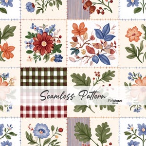 May include: A seamless pattern featuring a grid of square panels with hand-stitched borders. The design includes floral arrangements in red, blue, and orange, green oak leaves, and checkered blocks in dark green and red, with the text Seamless Pattern PixWeave.