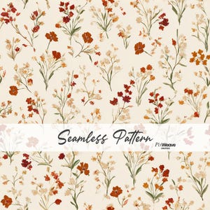 May include: A seamless pattern featuring a repeating botanical design of small wildflowers in shades of rust, burnt orange, and cream. The illustration includes delicate stems and leaves on a light beige background with the text Seamless Pattern PixWeave CREATIVE.