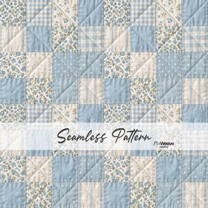 Baby Blue Triangle Patchwork Seamless Pattern, Vintage Floral Quilt Fabric Texture, Nursery Wallpaper, Cottagecore Textile Digital Paper
