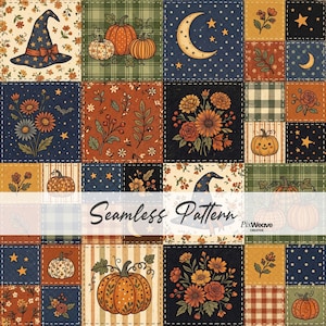 May include: A seamless pattern featuring a grid of squares with illustrations of pumpkins, witch hats, crescent moons, stars, and floral arrangements in orange, yellow, green, and dark blue. The text Seamless Pattern and PixWeave Creative appears.