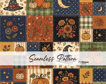 Vintage Halloween Patchwork Seamless Pattern, Witch Hat Pumpkin Quilt Fabric, Cottagecore Fall Digital Paper, Cozy Autumn