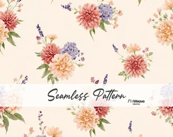 Estampado floral romántico estilo cottagecore sin costuras, tela con ramo de dalias e hortensias, impresión digital en papel shabby chic.
