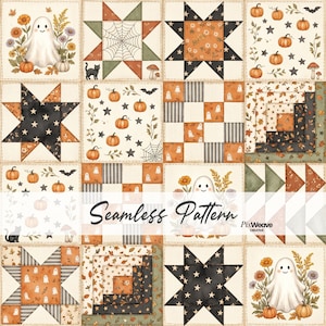 May include: A seamless pattern featuring a grid of square blocks with Halloween themes including ghosts, pumpkins, black cats, stars, spider webs, and autumn leaves in orange, black, cream, and green. The text Seamless Pattern and PixWeave Creative appears.