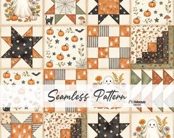 Halloween Schwarze Katze Patchwork Muster, Kürbis Quilt Stoff, Cottagecore Halloween Digital Papier, Herbst Bauernhaus