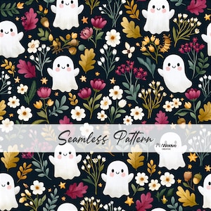 Könnte beinhalten: Ein nahtloses Muster mit weißen Cartoon-Geistern mit rosa Wangen, durchsetzt mit bunten Herbstblättern, Eicheln und verschiedenen weißen und magentafarbenen Blumen auf dunklem Grund. Der Text Seamless Pattern PixWeave Creative ist zu sehen.