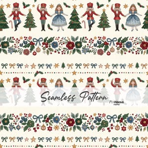 May include: A seamless pattern featuring horizontal rows of nutcracker figures, ballerinas, and Christmas trees, alternating with decorative bands of red and blue flowers, holly berries, bows, stars, and ornaments on a cream-colored background.