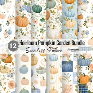Op de afbeelding: Een digitale collectie van 12 naadloze patronen met pompoenen in oranje, blauw, wit en groen, geaccentueerd met bloemstukken, wijnstokken en ruitpatronen. De tekst luidt Heirloom Pumpkin Garden Bundle.