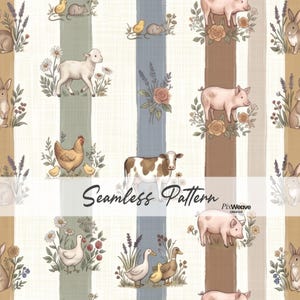 Pode incluir: Padrão sem costura com animais de fazenda como porcos, vacas, galinhas e patos, intercalados com arranjos florais e coelhos. O design inclui listras verticais em cores suaves, com o texto "Seamless Pattern" na parte inferior.