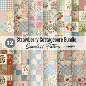 Puede incluir: Una colección de 12 patrones sin costuras con temática de fresas cottagecore. Los patrones presentan fresas, diseños florales y patchwork en colores pastel. Se muestra el texto "Strawberry Cottagecore Bundle" y "Seamless Pattern".