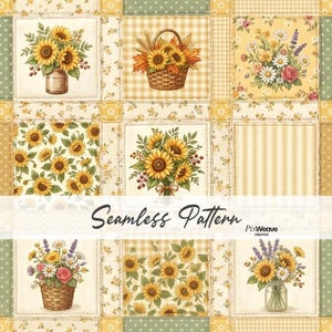 May include: A seamless pattern featuring a grid of squares with illustrations of sunflowers in vases, baskets of autumn leaves and sunflowers, mixed wildflower bouquets, and sunflower fields, accented by yellow gingham and striped borders.